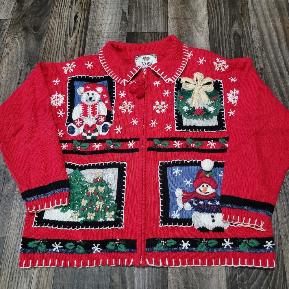 Tiara International Christmas Sweater Women's Medium Snowman Full Zip